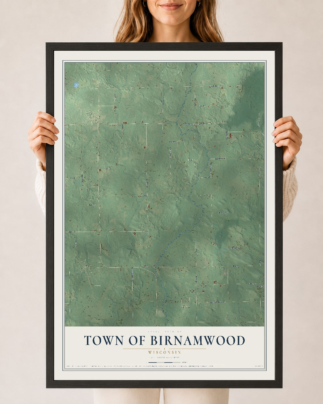 Map of the Town of Birnamwood, Wisconsin, 24 x 36 inch print in a black wood frame