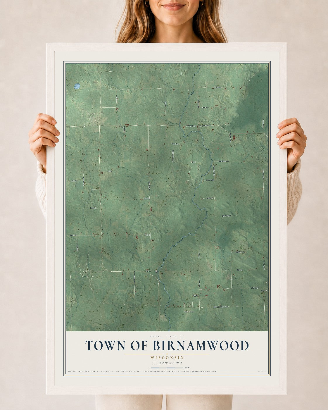 Map of the Town of Birnamwood, Wisconsin, 24 x 36 inch print in a white wood frame