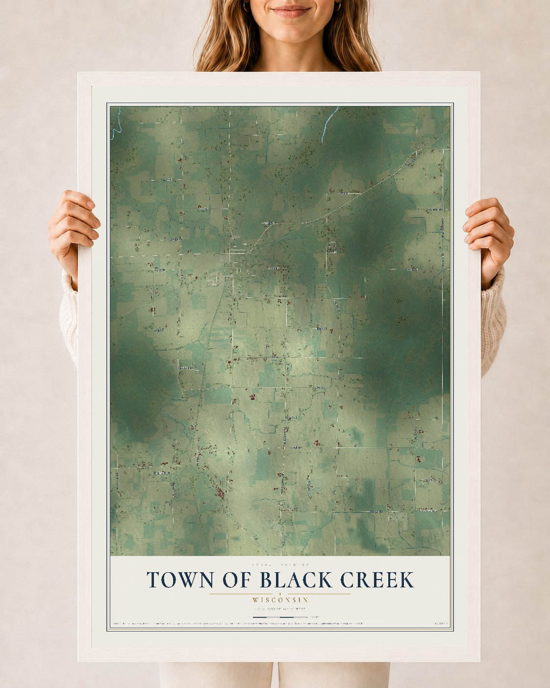 Map of the Town of Black Creek, Wisconsin, 24 x 36 inch print in a white wood frame