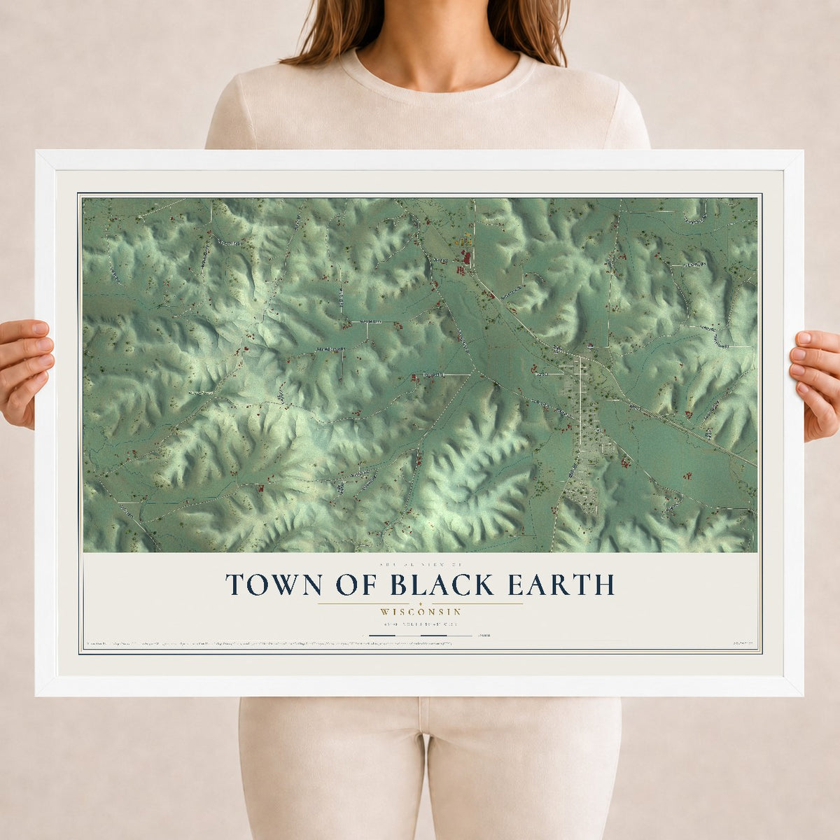 Map of the Town of Black Earth, Wisconsin, 18 x 24 inch print in a white wood frame