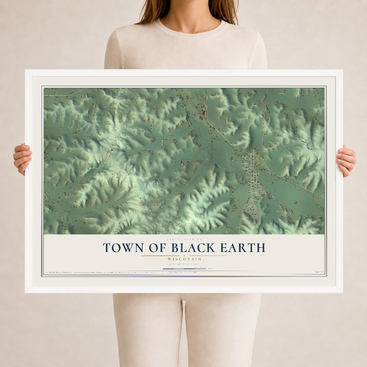 Map of the Town of Black Earth, Wisconsin, 24 x 36 inch print in a white wood frame