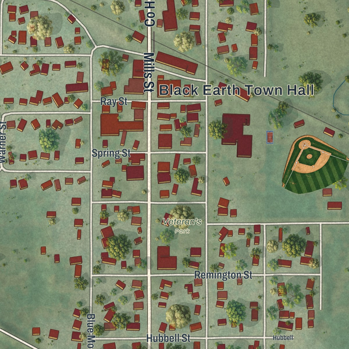 Close-up of the map of Black Earth, Wisconsin print showing street and building detail