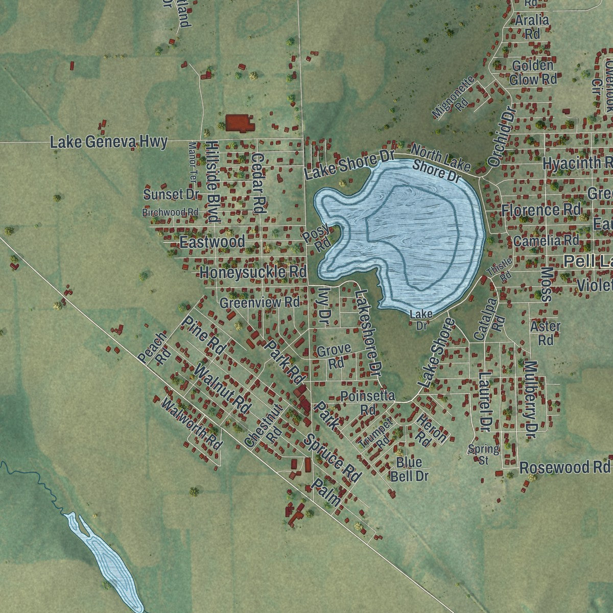 Close-up of the map of Bloomfield, Wisconsin print showing street and building detail
