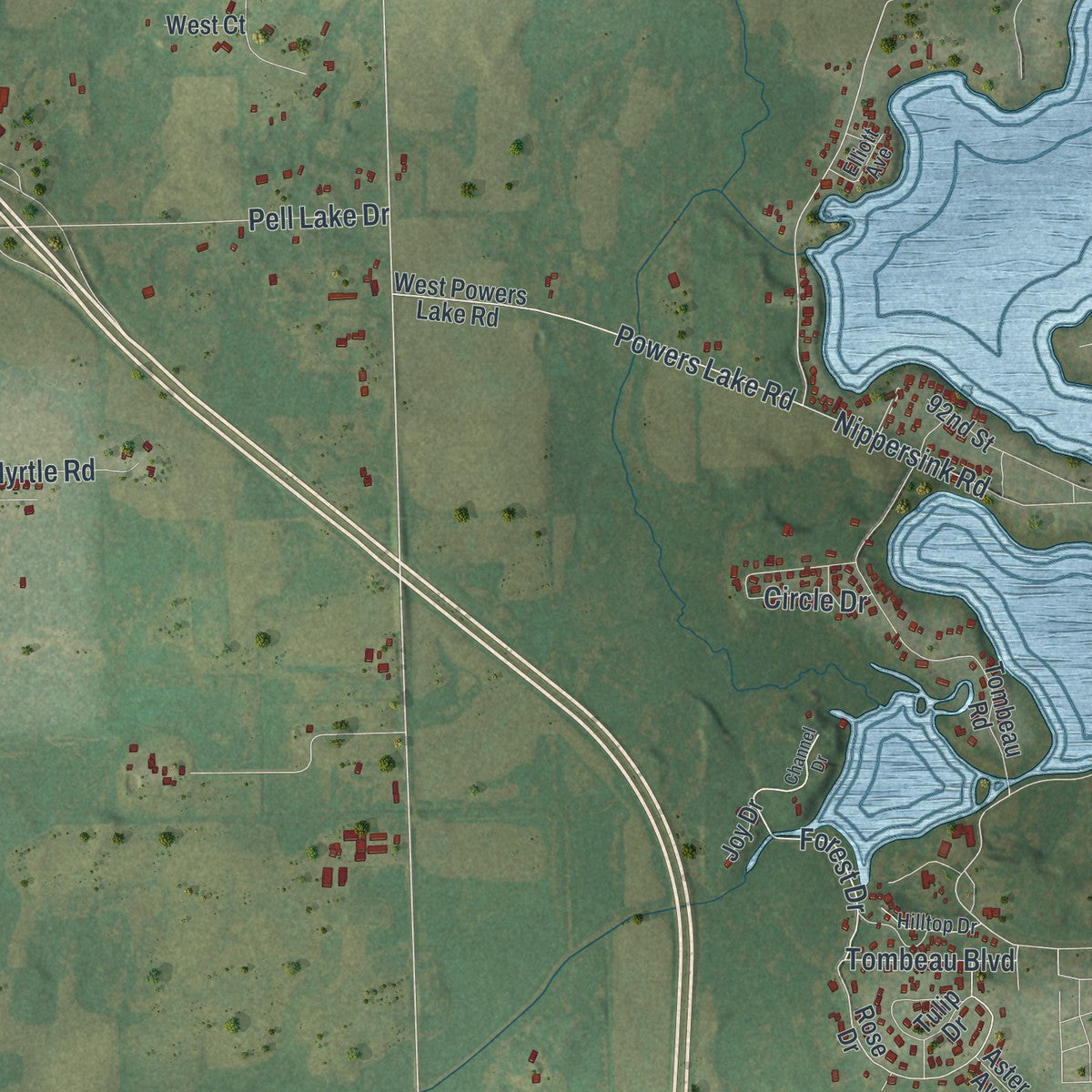 Second close-up of the map of Bloomfield, Wisconsin print showing more streets and buildings