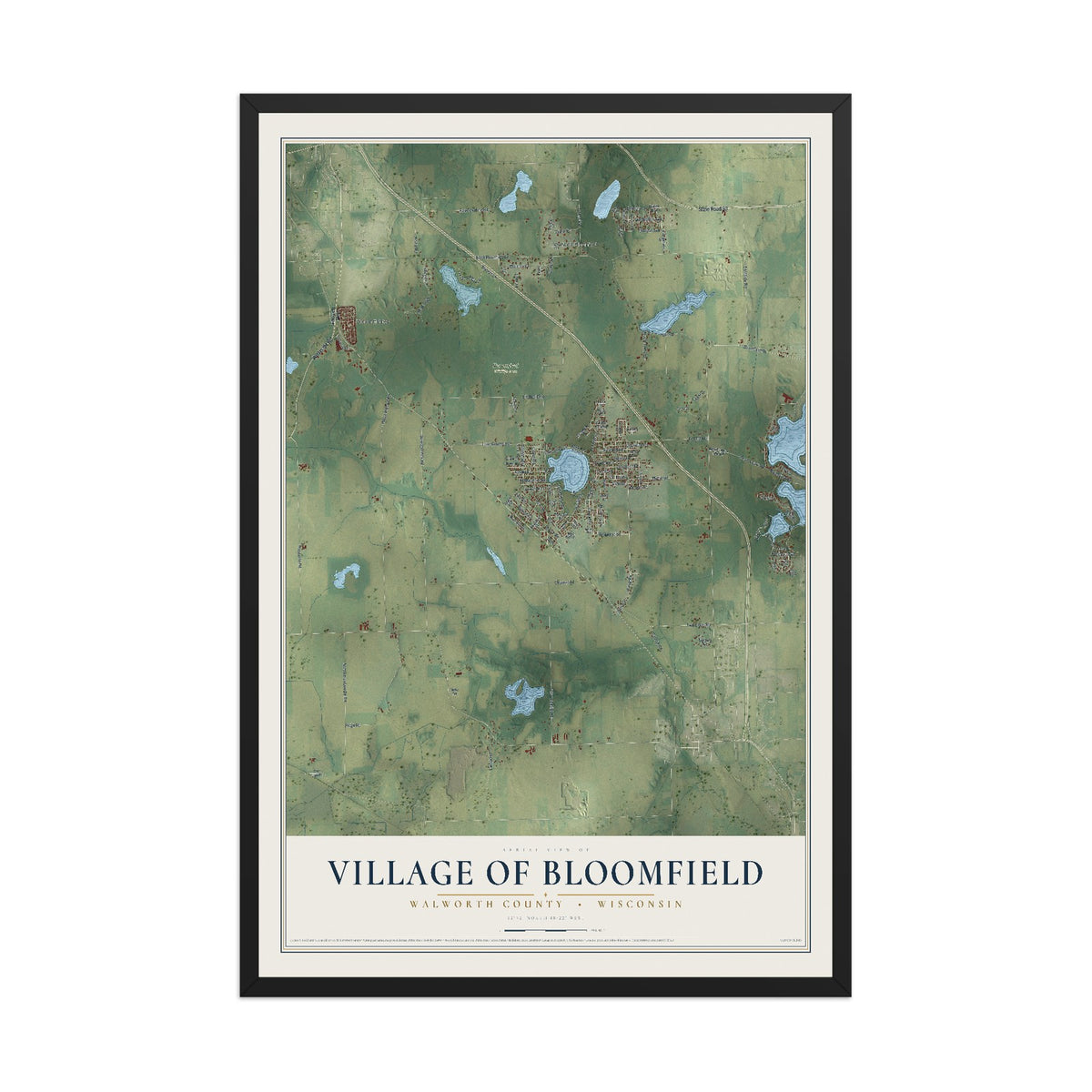 Map of Bloomfield, Wisconsin, 12 x 18 inch print in a black wood frame