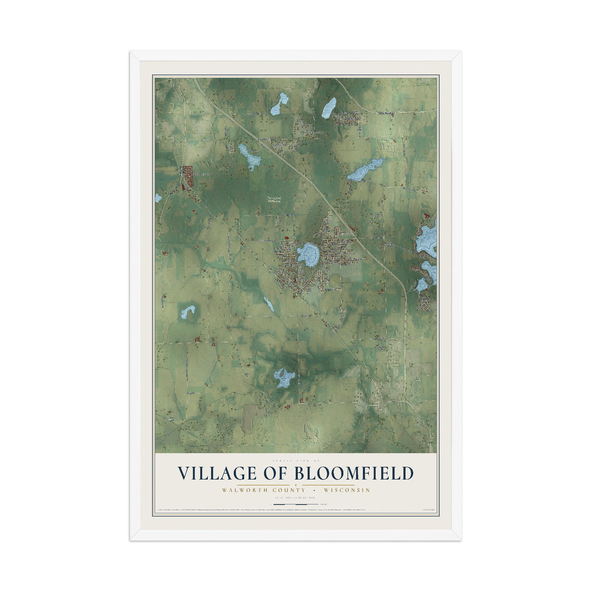Map of Bloomfield, Wisconsin, 12 x 18 inch print in a white wood frame