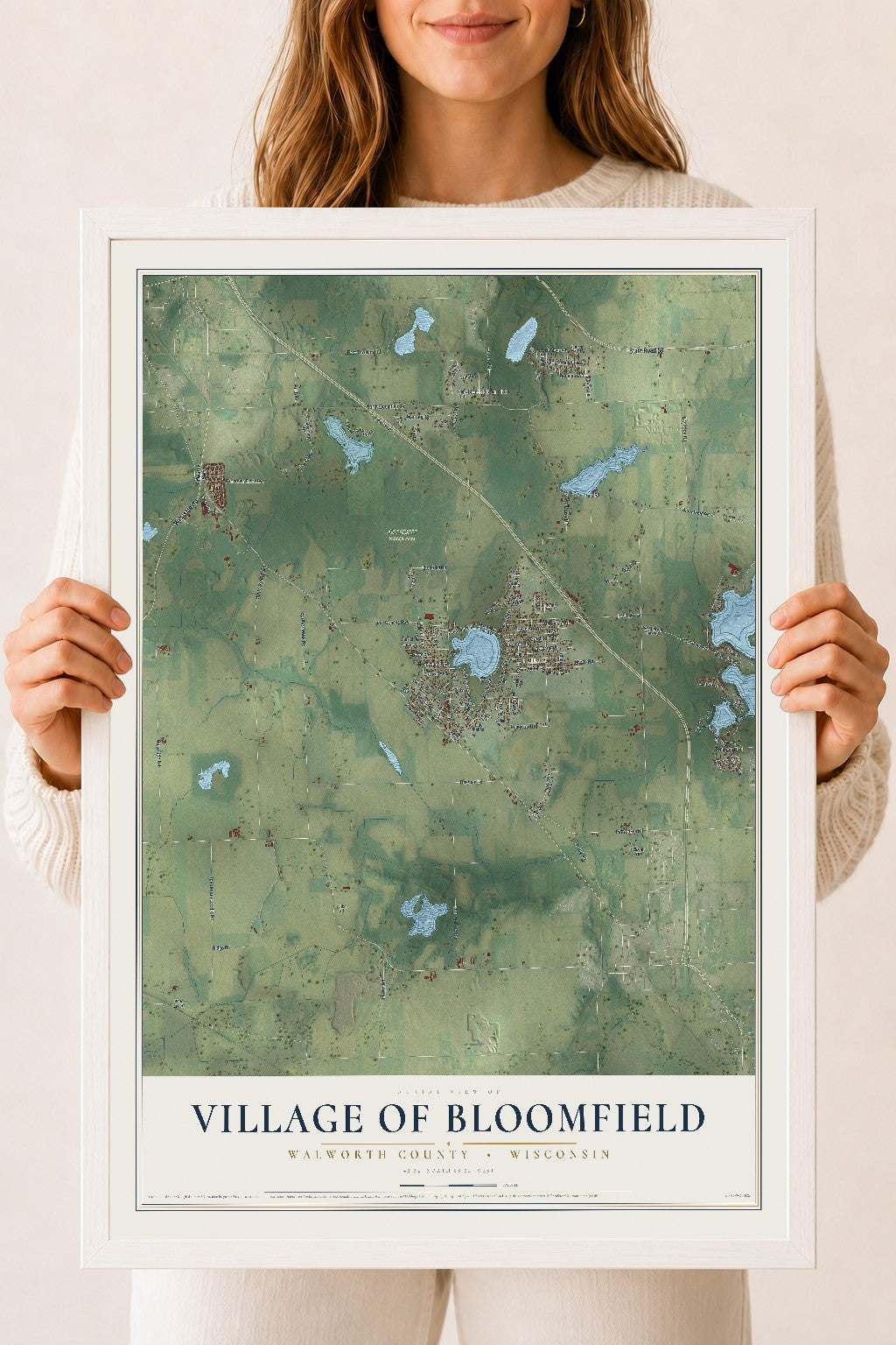 Map of Bloomfield, Wisconsin, 18 x 24 inch print in a white wood frame