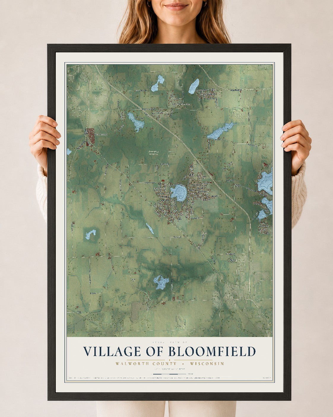 Map of Bloomfield, Wisconsin, 24 x 36 inch print in a black wood frame