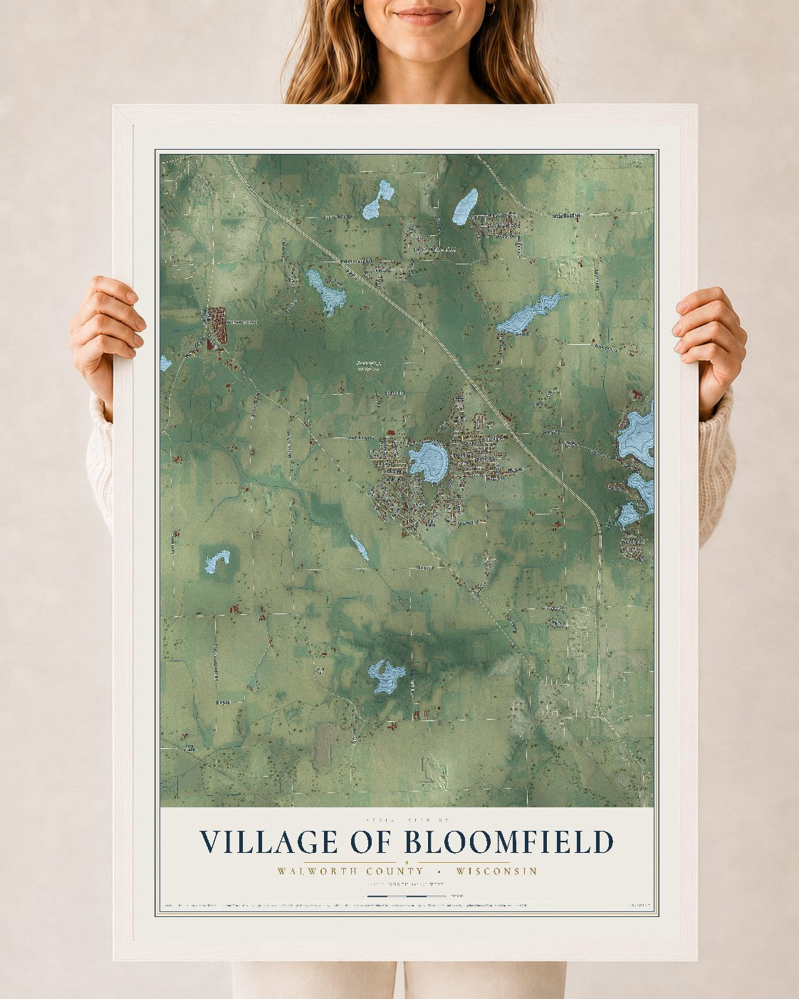 Map of Bloomfield, Wisconsin, 24 x 36 inch print in a white wood frame