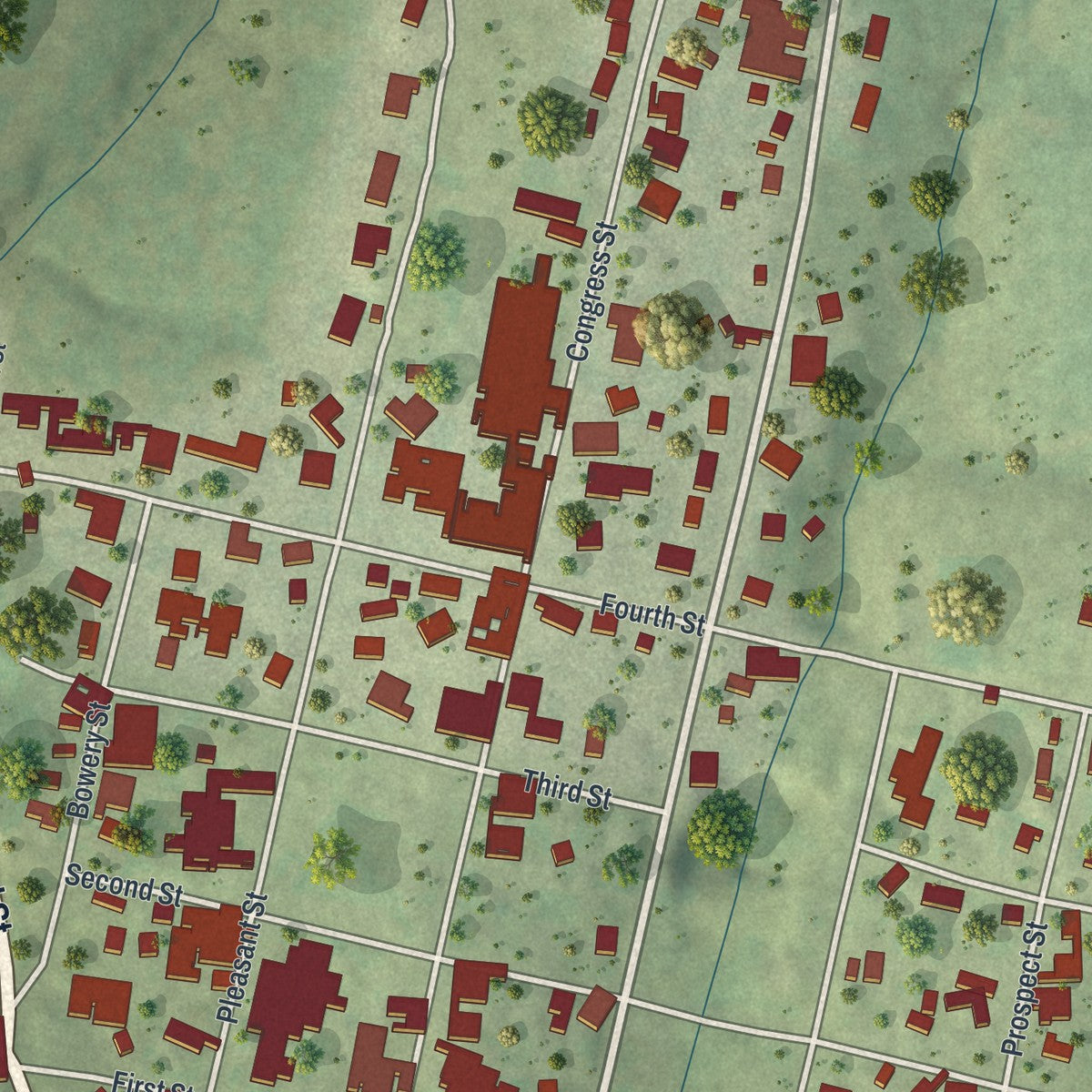Close-up of the map of Bloomington, Wisconsin print showing street and building detail