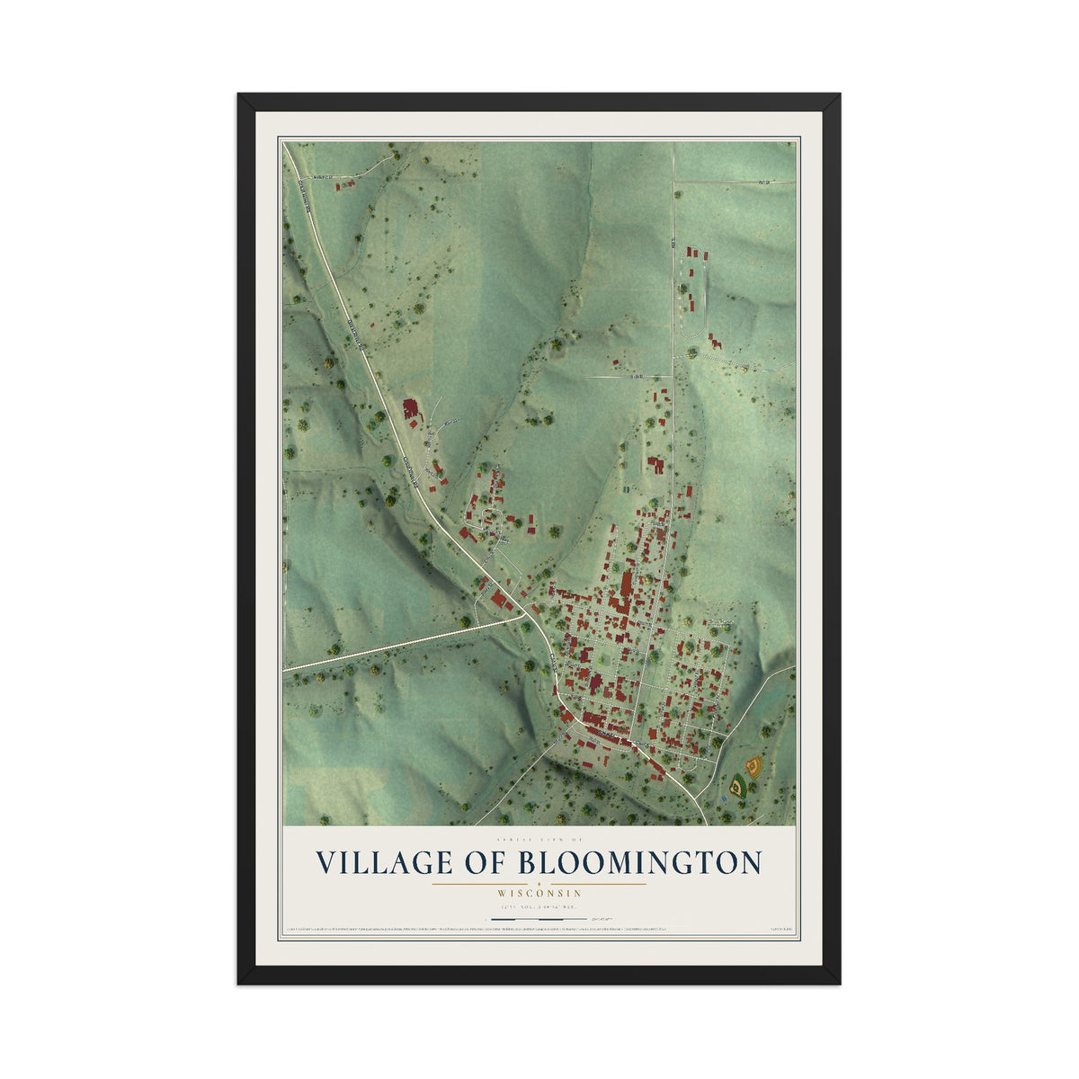 Map of Bloomington, Wisconsin, 12 x 18 inch print in a black wood frame