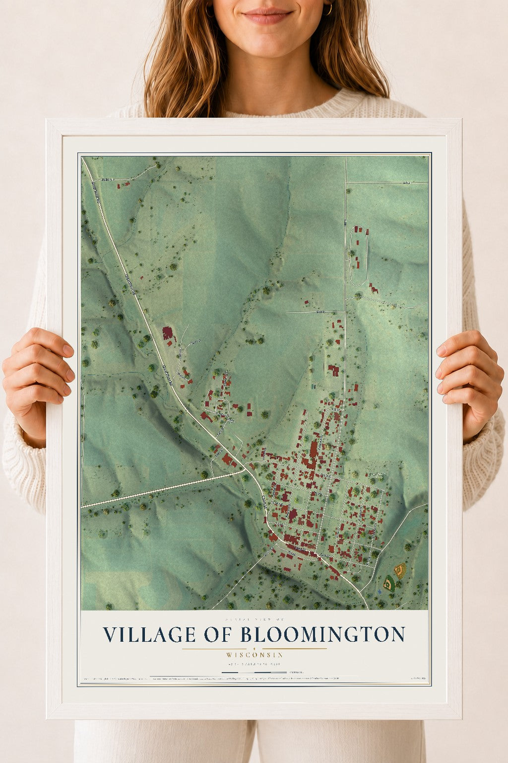 Map of Bloomington, Wisconsin, 18 x 24 inch print in a white wood frame