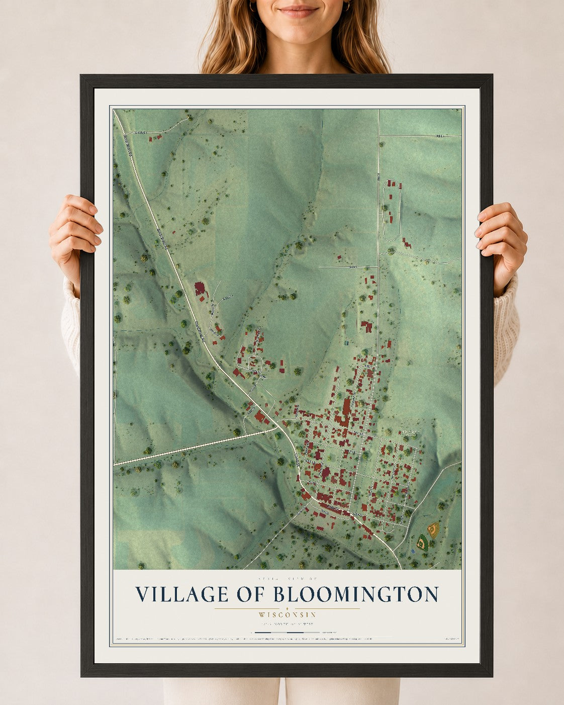 Map of Bloomington, Wisconsin, 24 x 36 inch print in a black wood frame