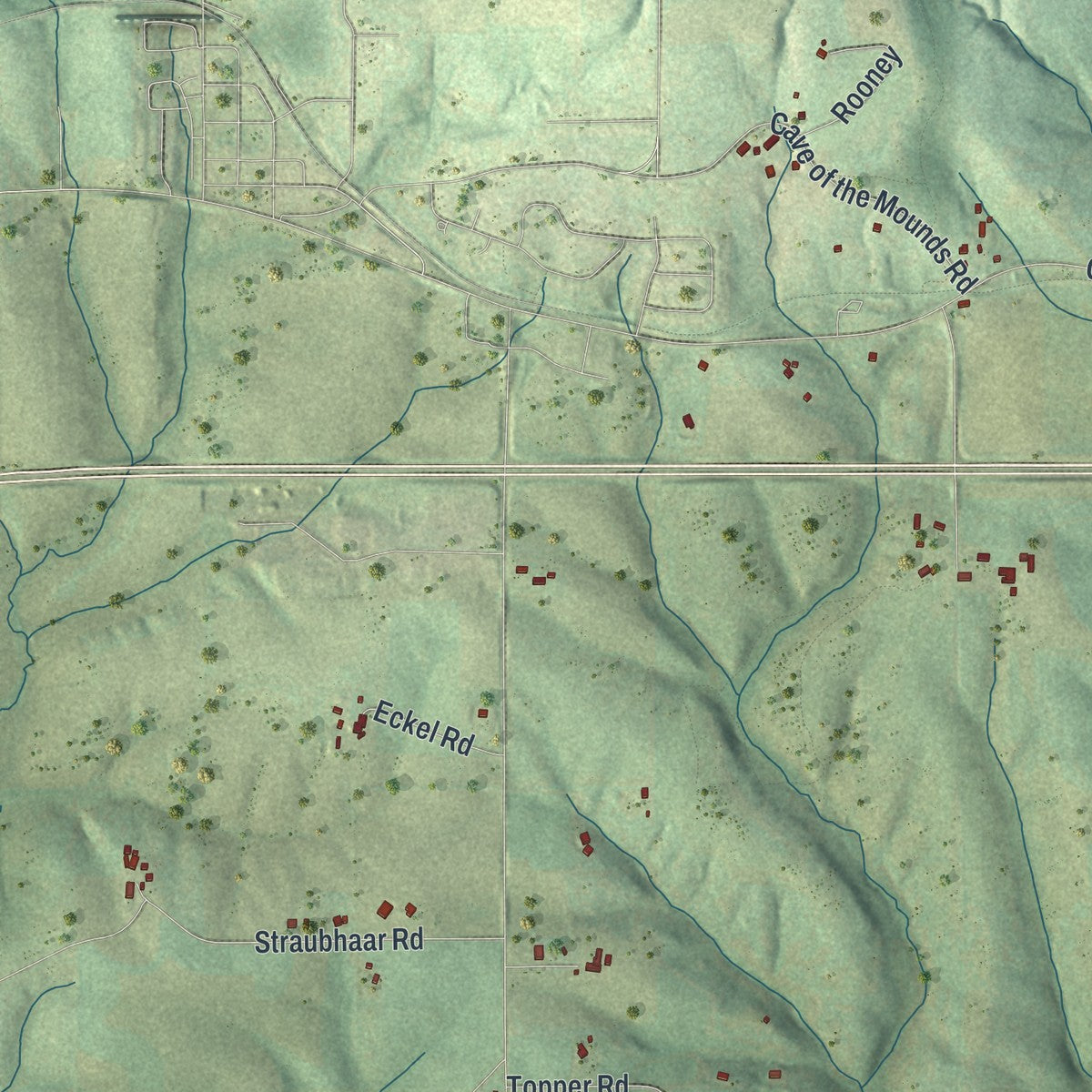 Second close-up of the map of the Town of Blue Mounds, Wisconsin print showing more streets and buildings