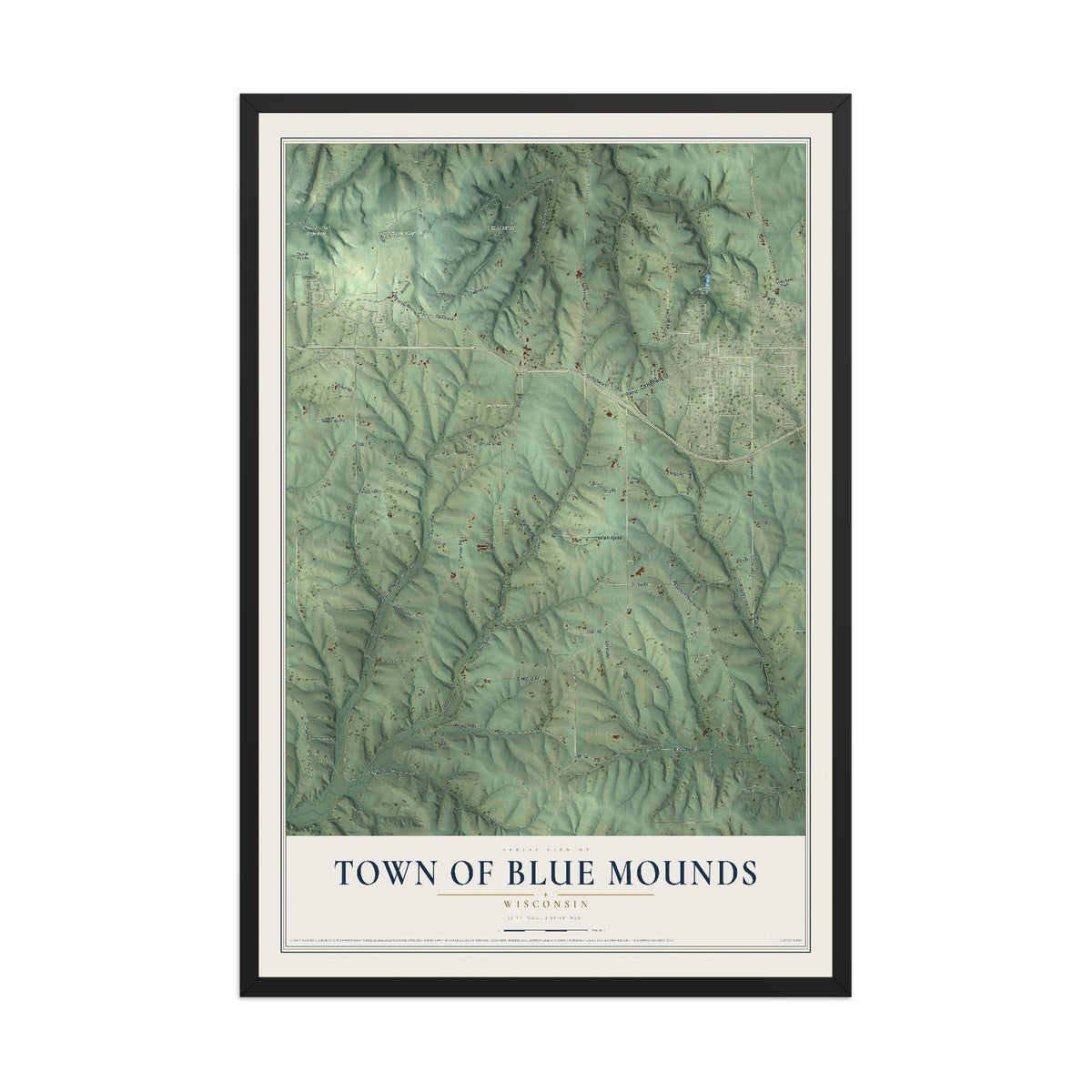 Map of the Town of Blue Mounds, Wisconsin, 12 x 18 inch print in a black wood frame
