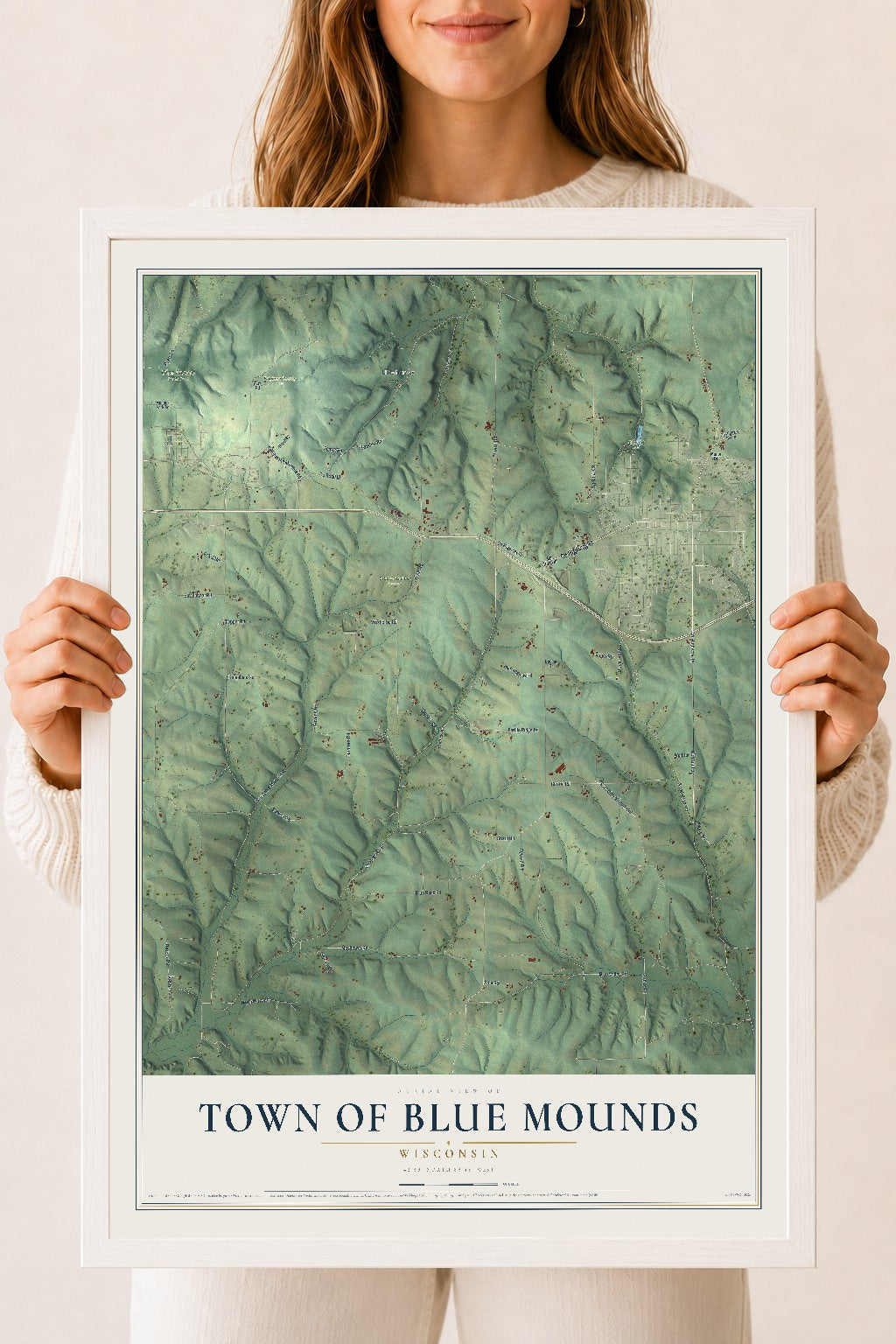 Map of the Town of Blue Mounds, Wisconsin, 18 x 24 inch print in a white wood frame