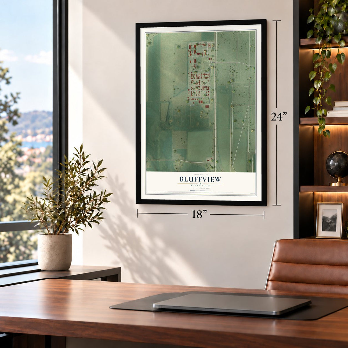 Bluffview, Wisconsin map, 18 x 24 inch print in a black frame in a home office