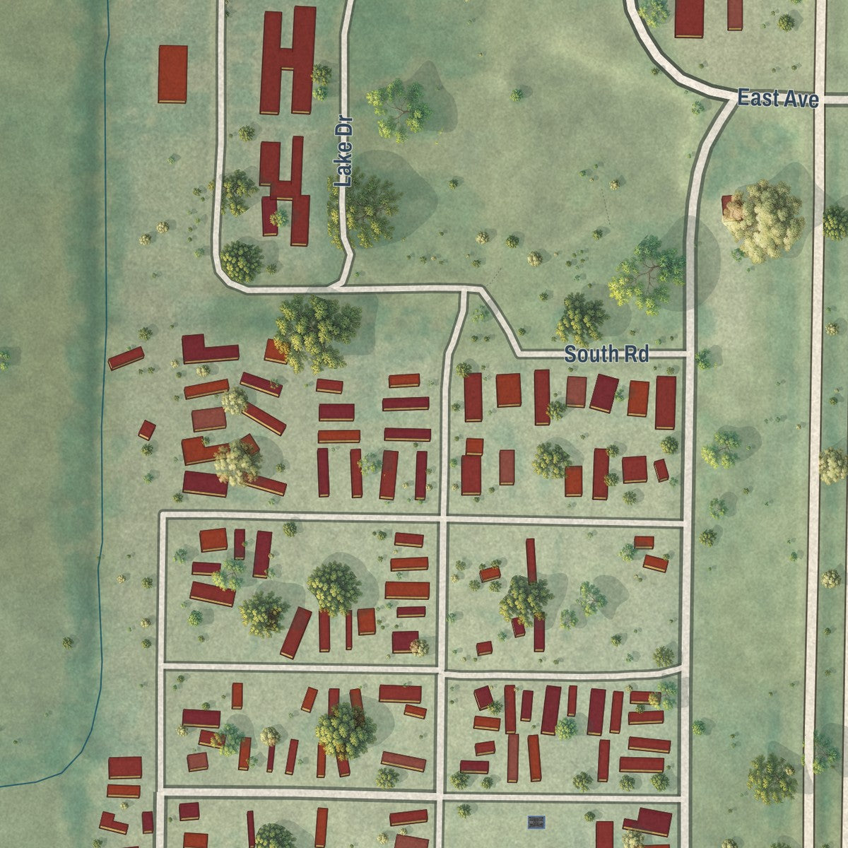 Close-up of the map of Bluffview, Wisconsin print showing street and building detail