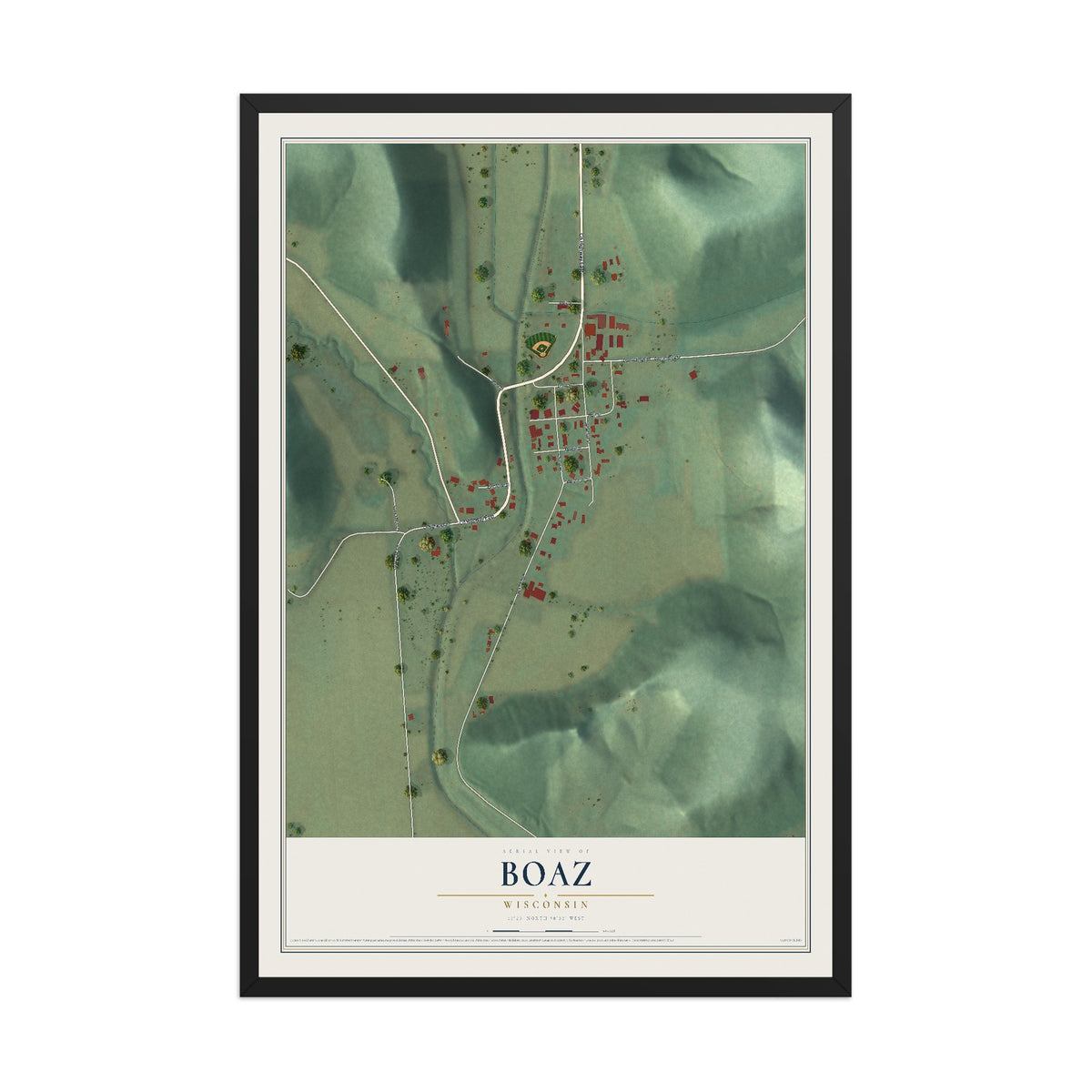 Map of Boaz, Wisconsin, 12 x 18 inch print in a black wood frame