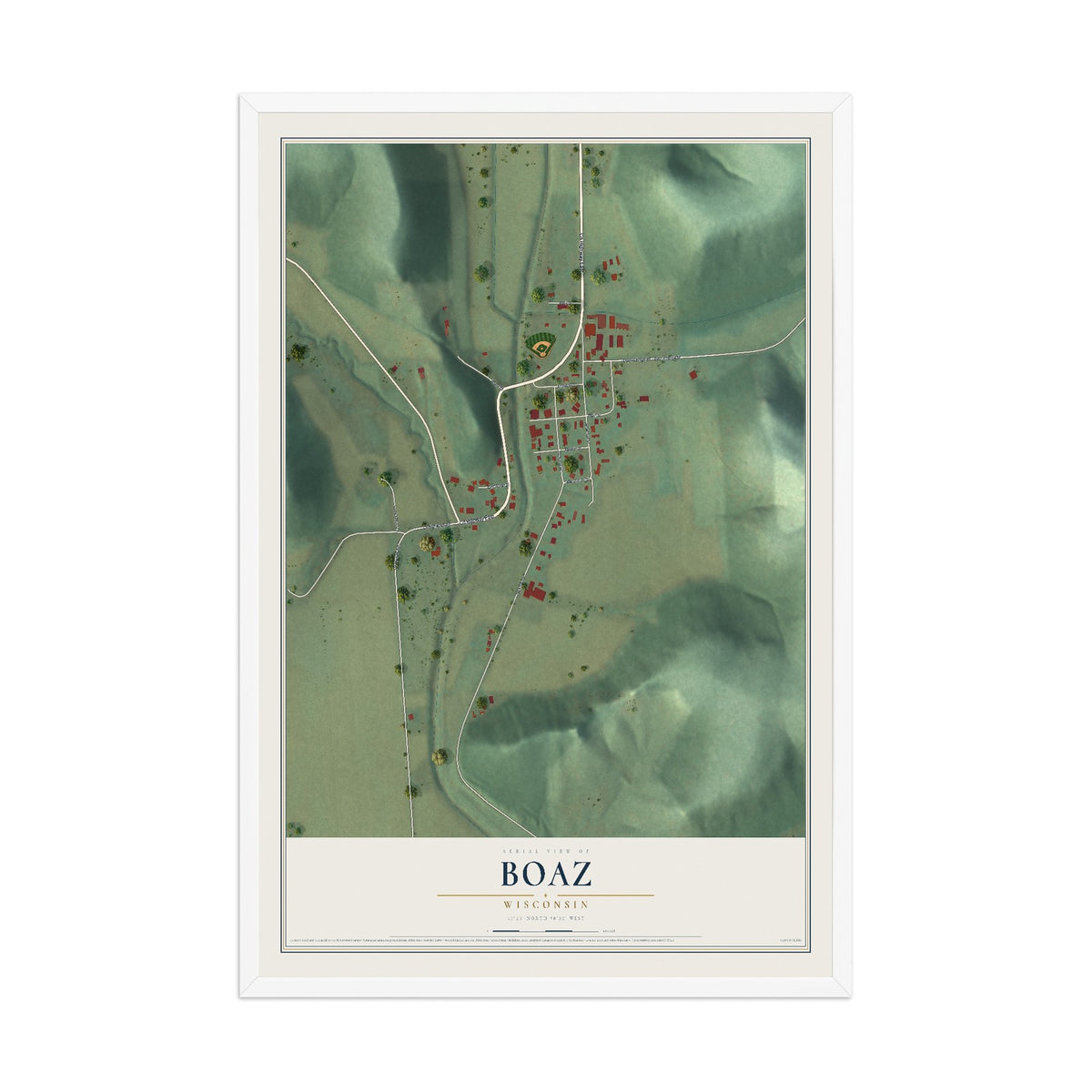 Map of Boaz, Wisconsin, 12 x 18 inch print in a white wood frame