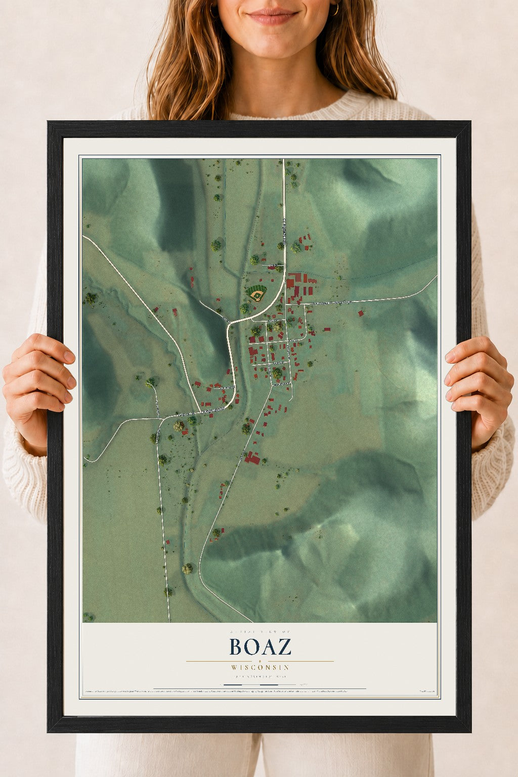 Map of Boaz, Wisconsin, 18 x 24 inch print in a black wood frame