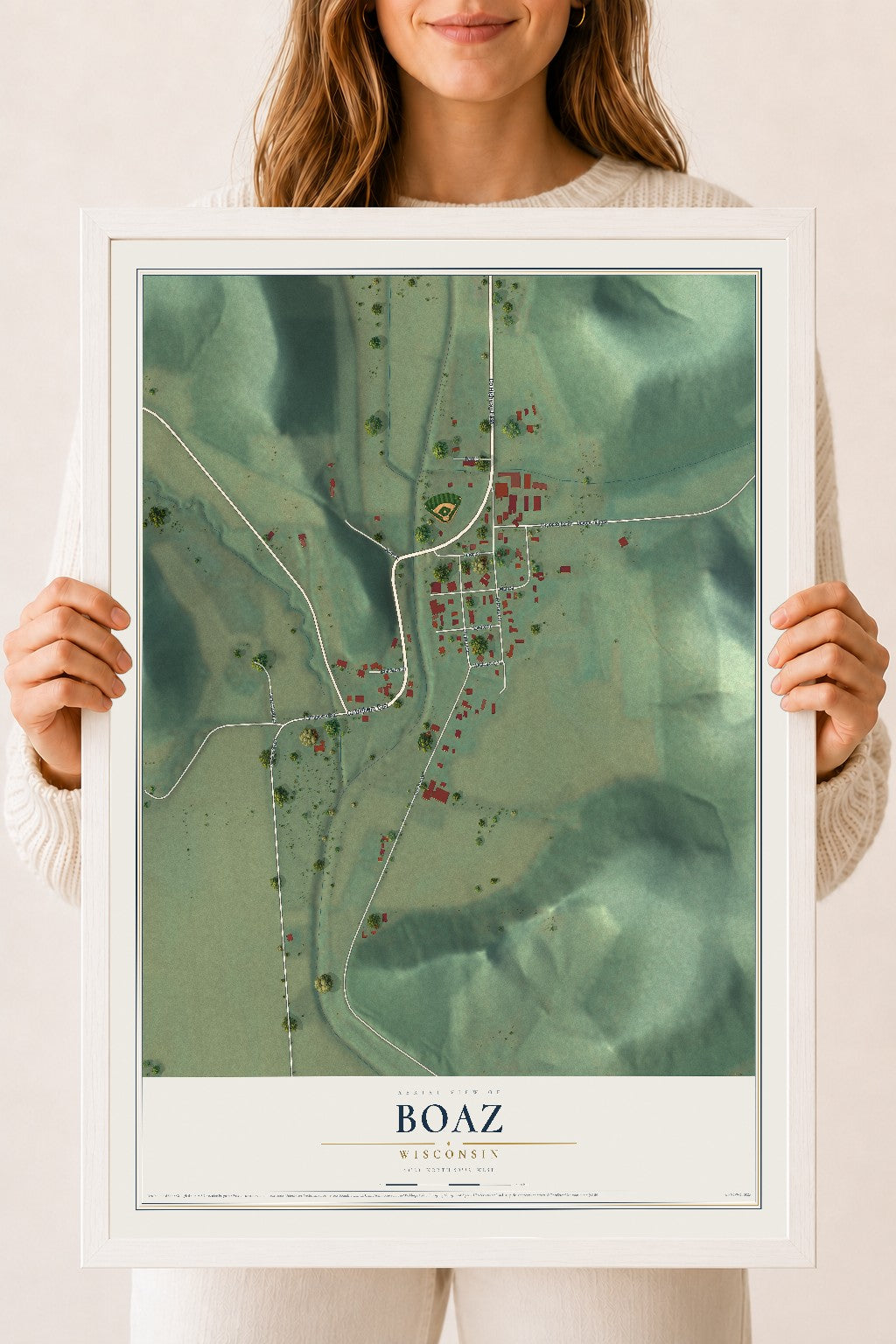 Map of Boaz, Wisconsin, 18 x 24 inch print in a white wood frame