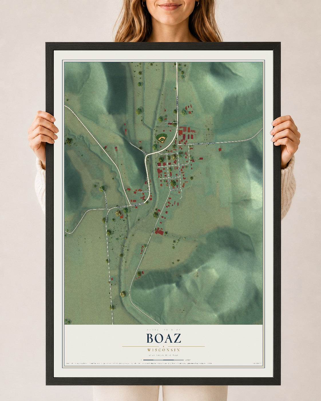 Map of Boaz, Wisconsin, 24 x 36 inch print in a black wood frame