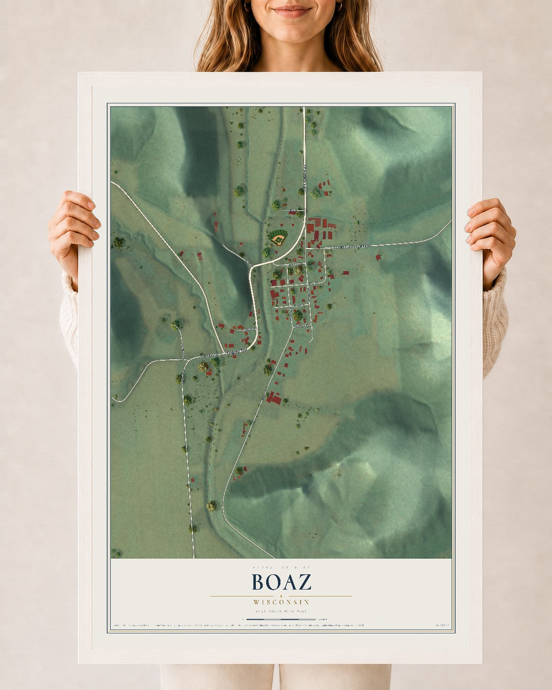Map of Boaz, Wisconsin, 24 x 36 inch print in a white wood frame