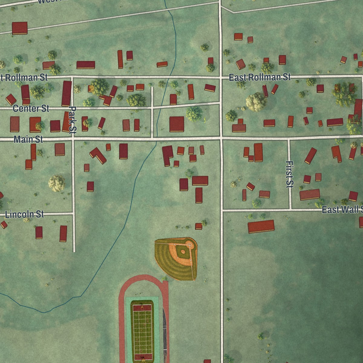 Close-up of the map of Bowler, Wisconsin print showing street and building detail