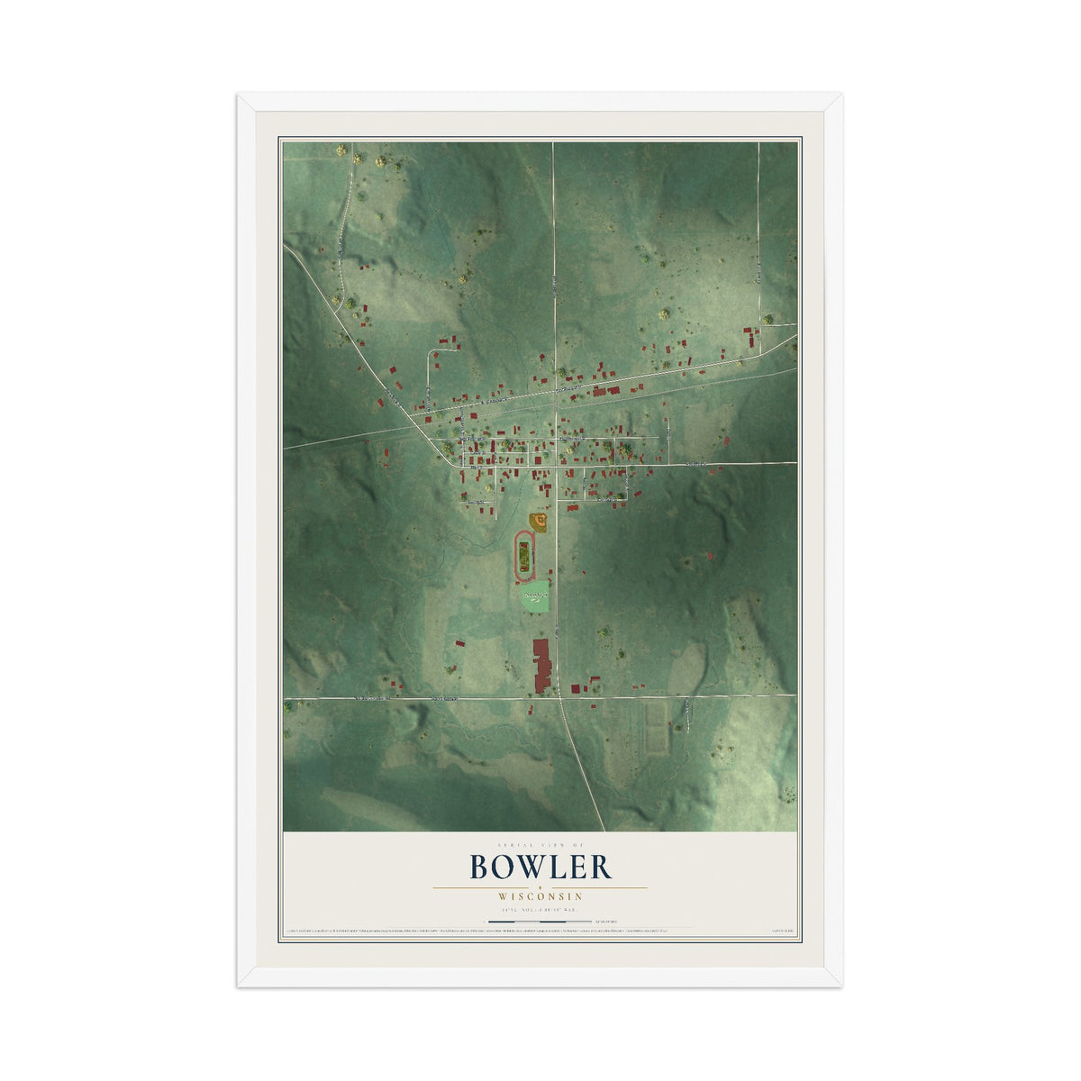 Map of Bowler, Wisconsin, 12 x 18 inch print in a white wood frame
