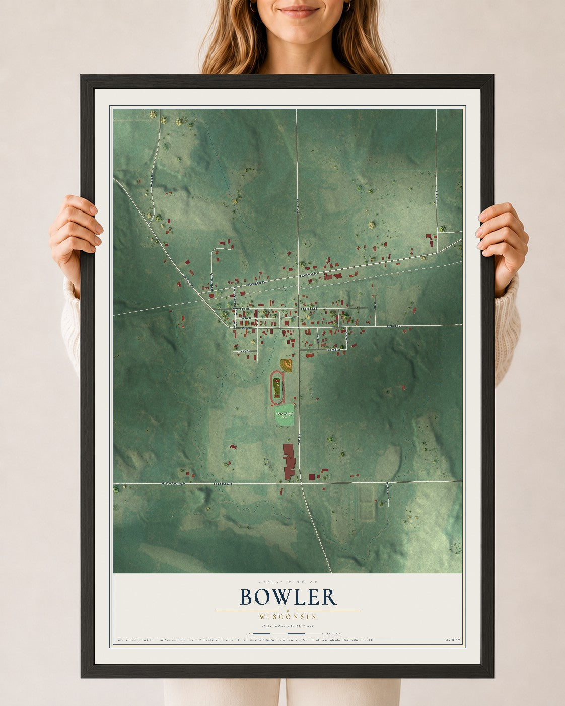Map of Bowler, Wisconsin, 24 x 36 inch print in a black wood frame