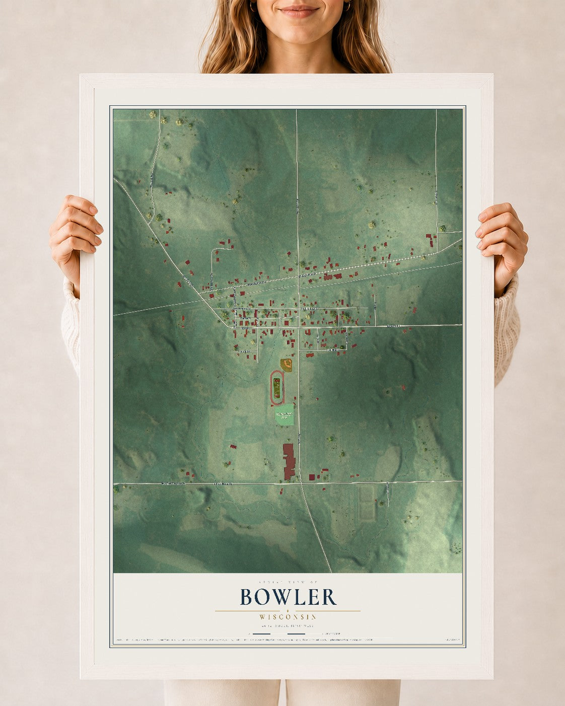 Map of Bowler, Wisconsin, 24 x 36 inch print in a white wood frame