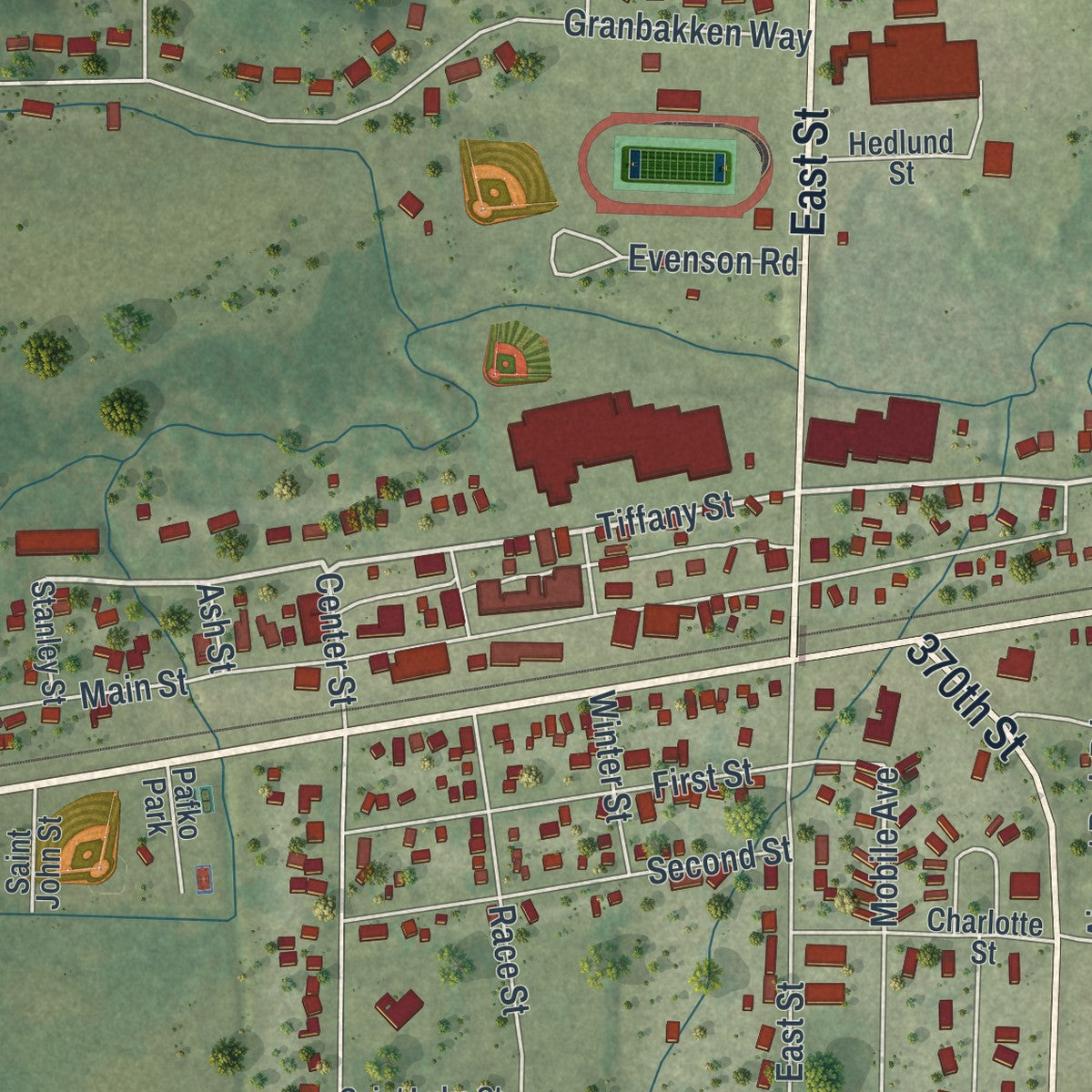 Close-up of the map of Boyceville, Wisconsin print showing street and building detail