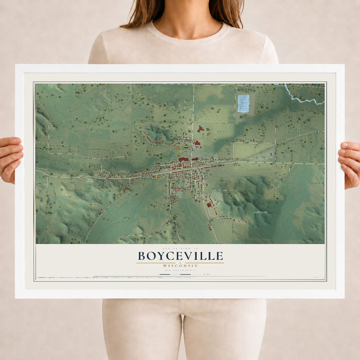 Map of Boyceville, Wisconsin, 18 x 24 inch print in a white wood frame