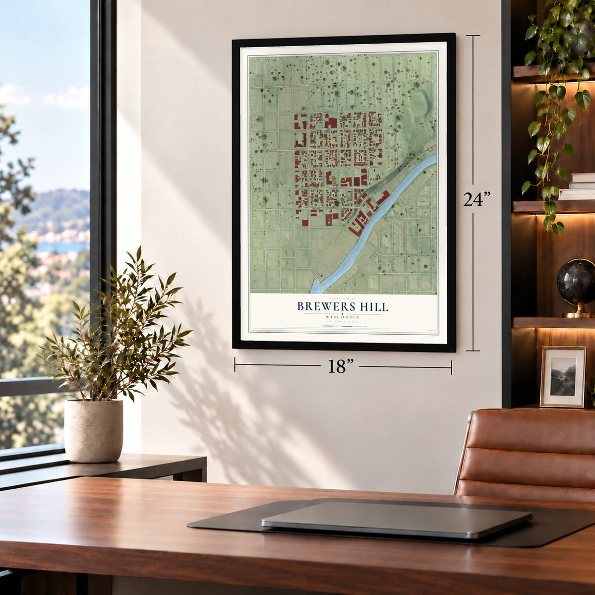 Brewers Hill, Wisconsin map, 18 x 24 inch print in a black frame in a home office