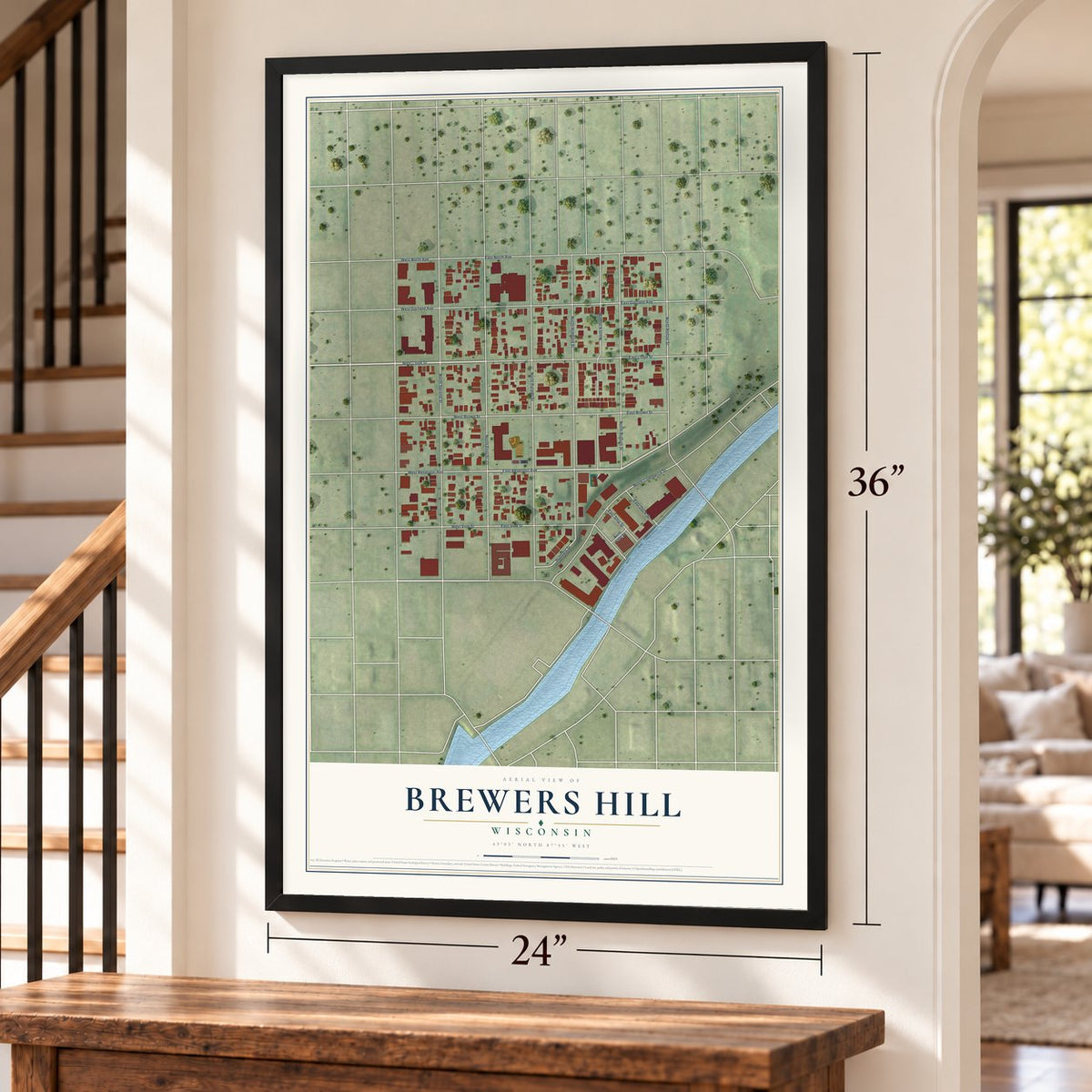 Brewers Hill, Wisconsin map, 24 x 36 inch print in a black frame by a staircase