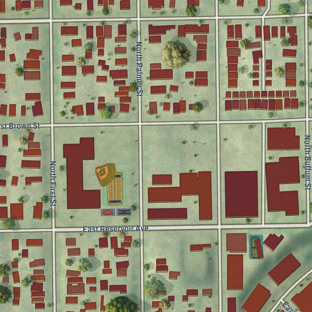 Close-up of the map of Brewers Hill, Wisconsin print showing street and building detail