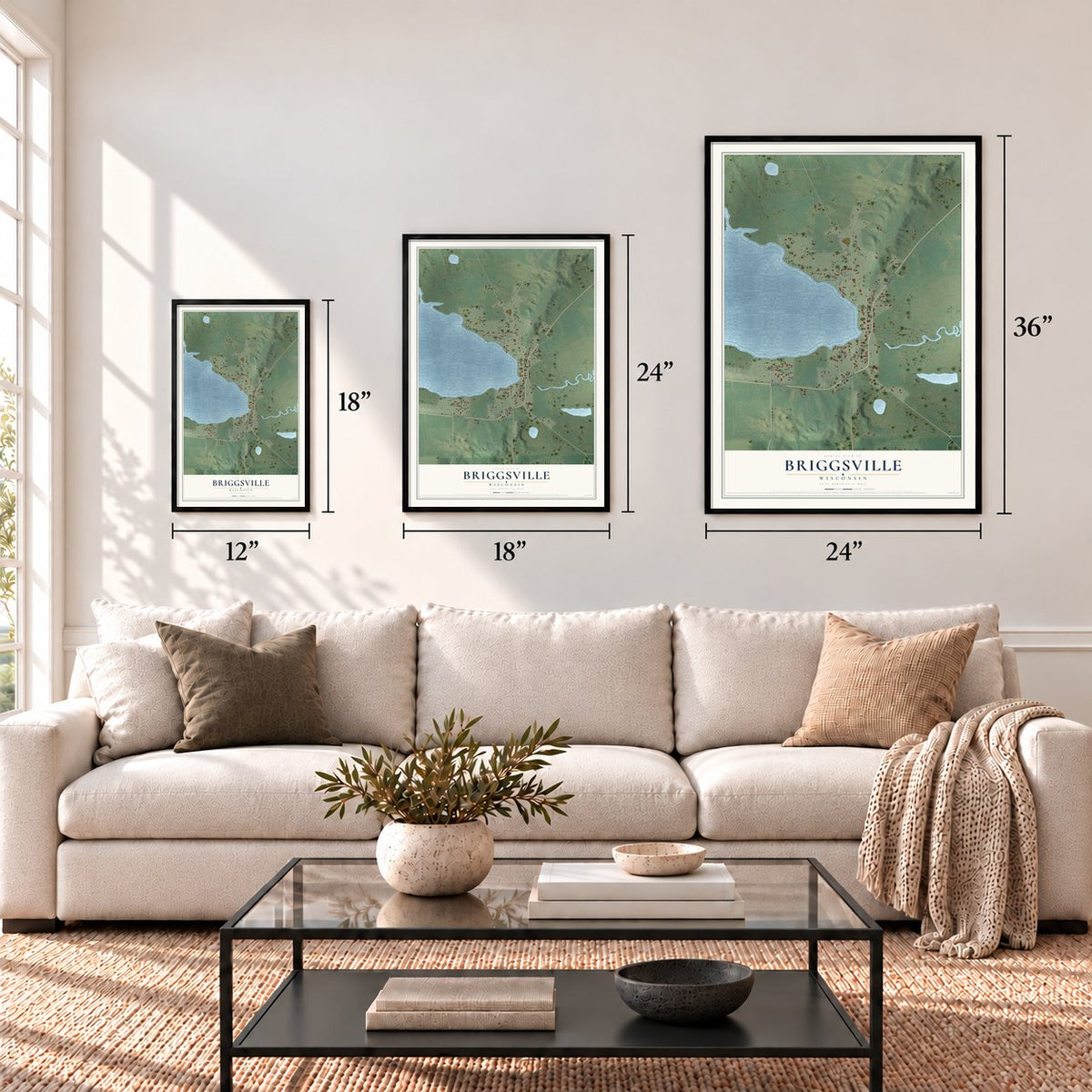 Briggsville, Wisconsin map in 12 x 18, 18 x 24 and 24 x 36 inch sizes above a sofa