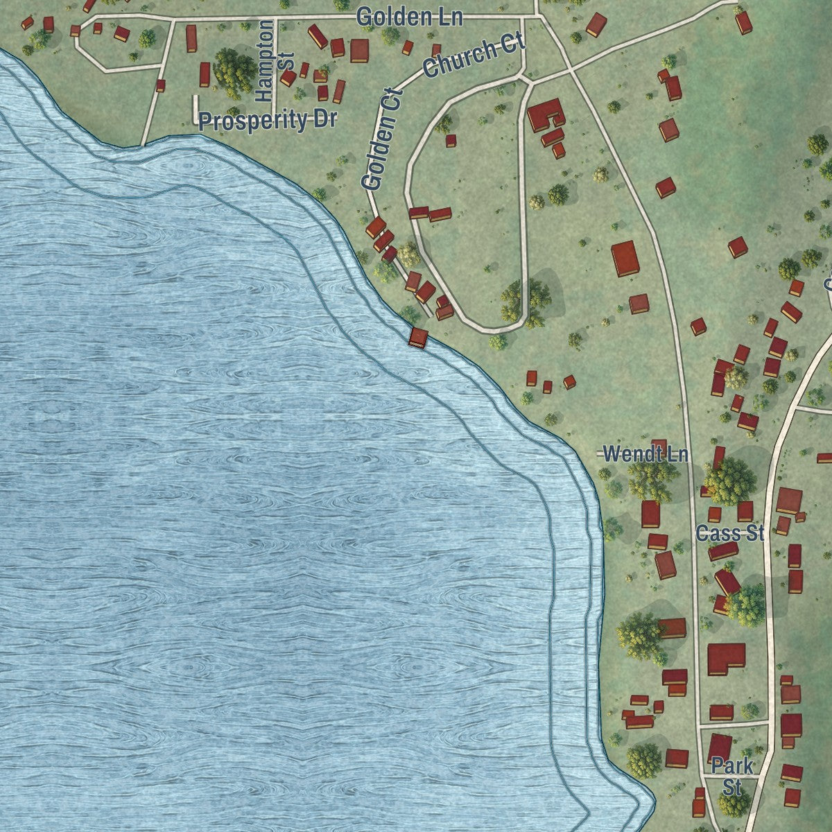 Close-up of the map of Briggsville, Wisconsin print showing street and building detail