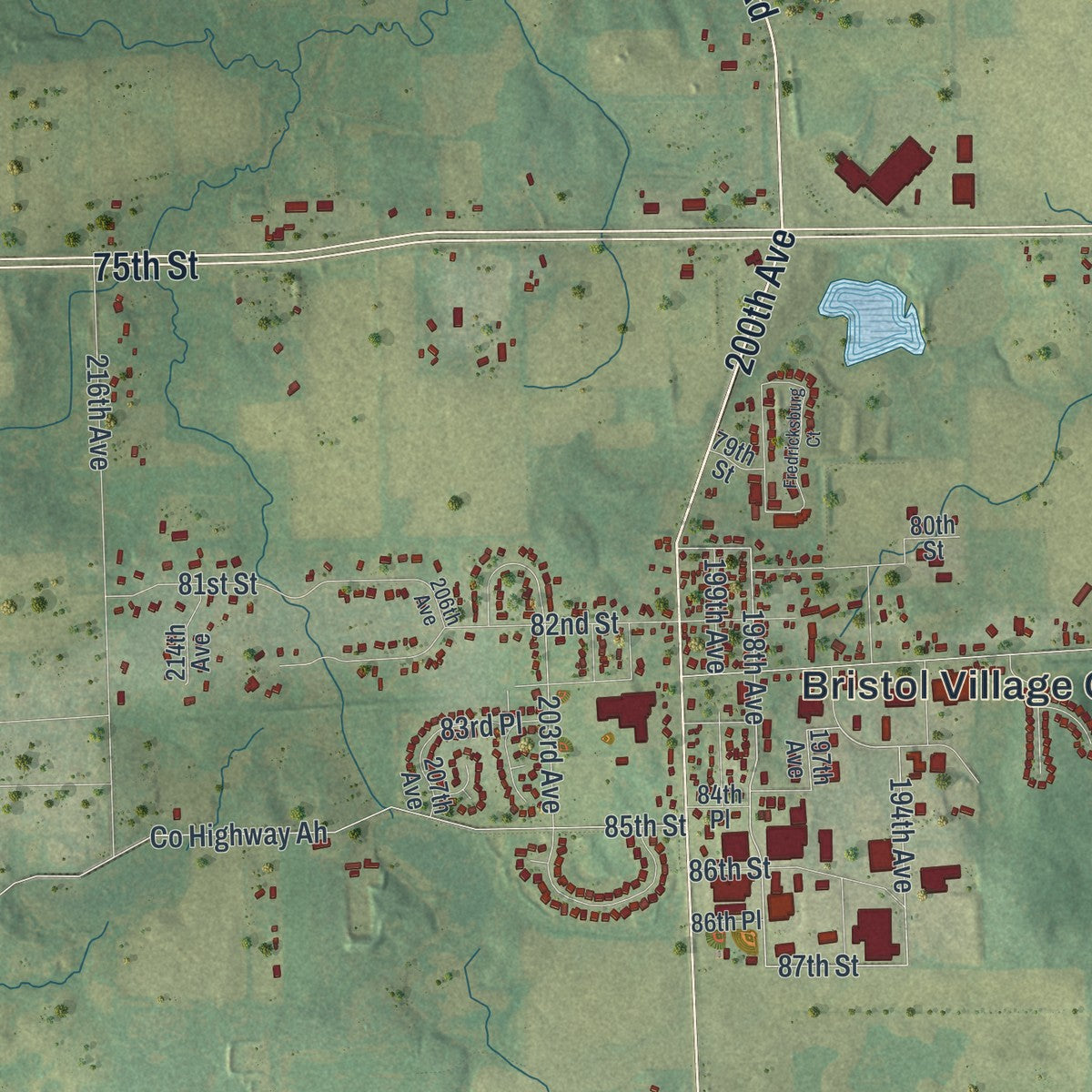 Close-up of the map of Bristol, Kenosha County, Wisconsin print showing street and building detail