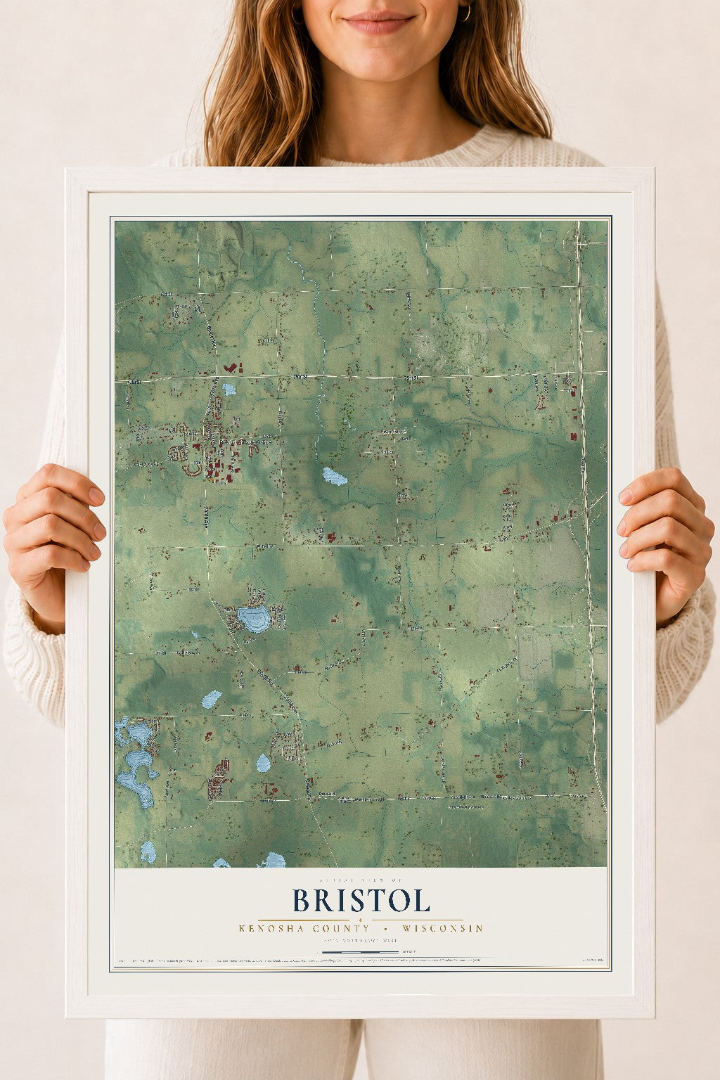 Map of Bristol, Kenosha County, Wisconsin, 18 x 24 inch print in a white wood frame