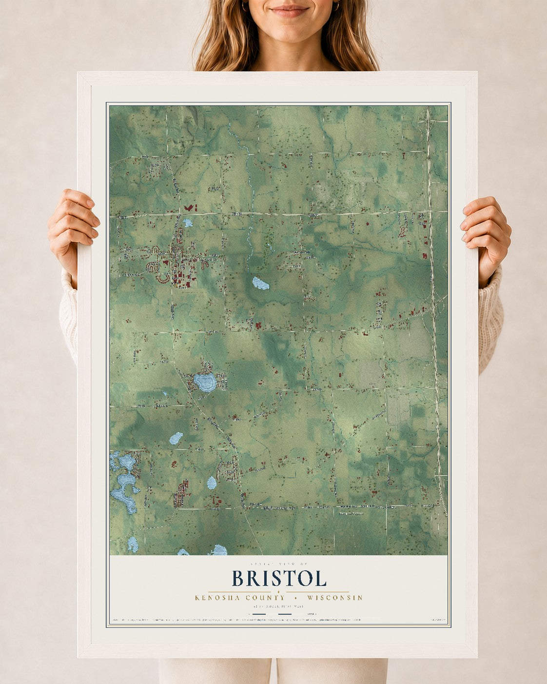 Map of Bristol, Kenosha County, Wisconsin, 24 x 36 inch print in a white wood frame
