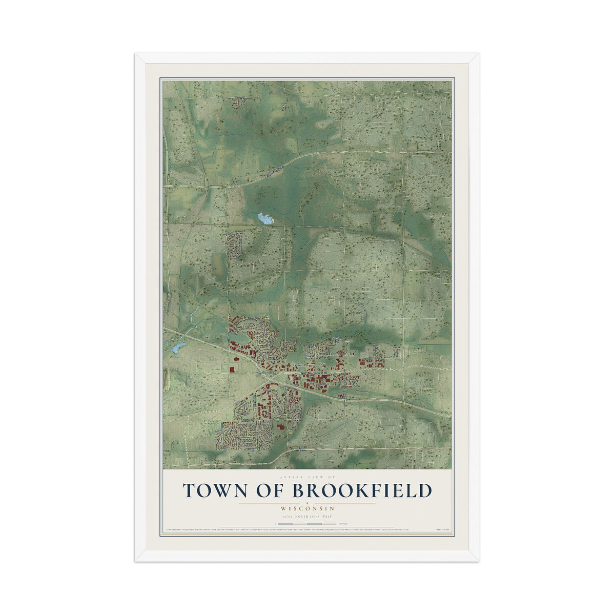Map of the Town of Brookfield, Wisconsin, 12 x 18 inch print in a white wood frame