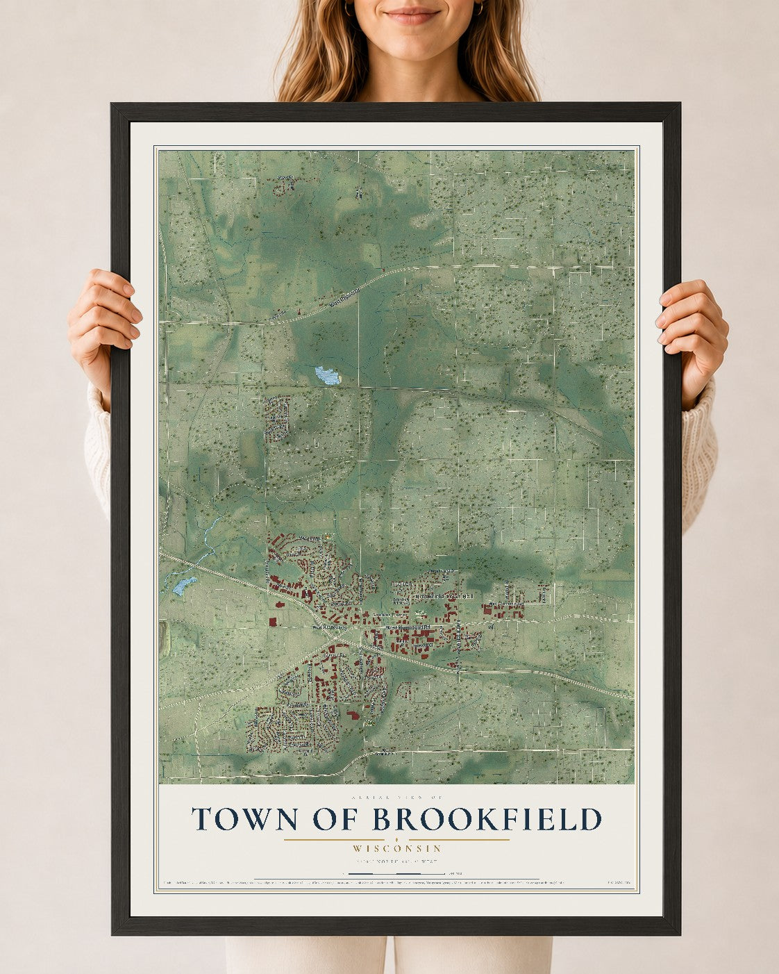 Map of the Town of Brookfield, Wisconsin, 24 x 36 inch print in a black wood frame