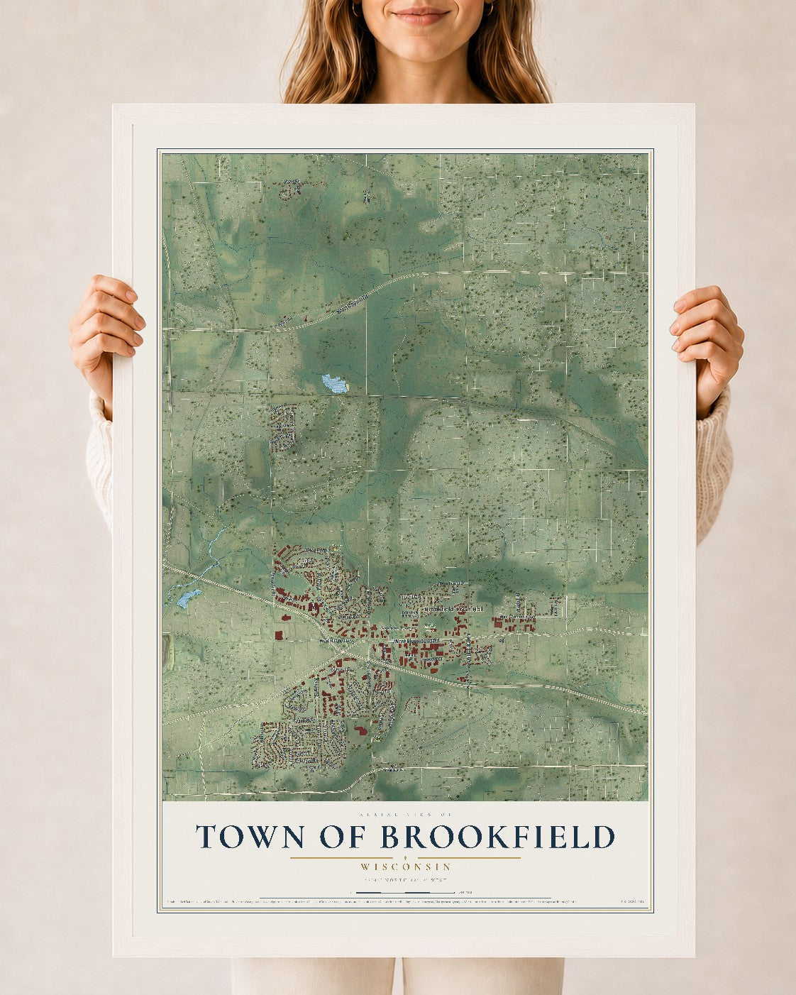 Map of the Town of Brookfield, Wisconsin, 24 x 36 inch print in a white wood frame