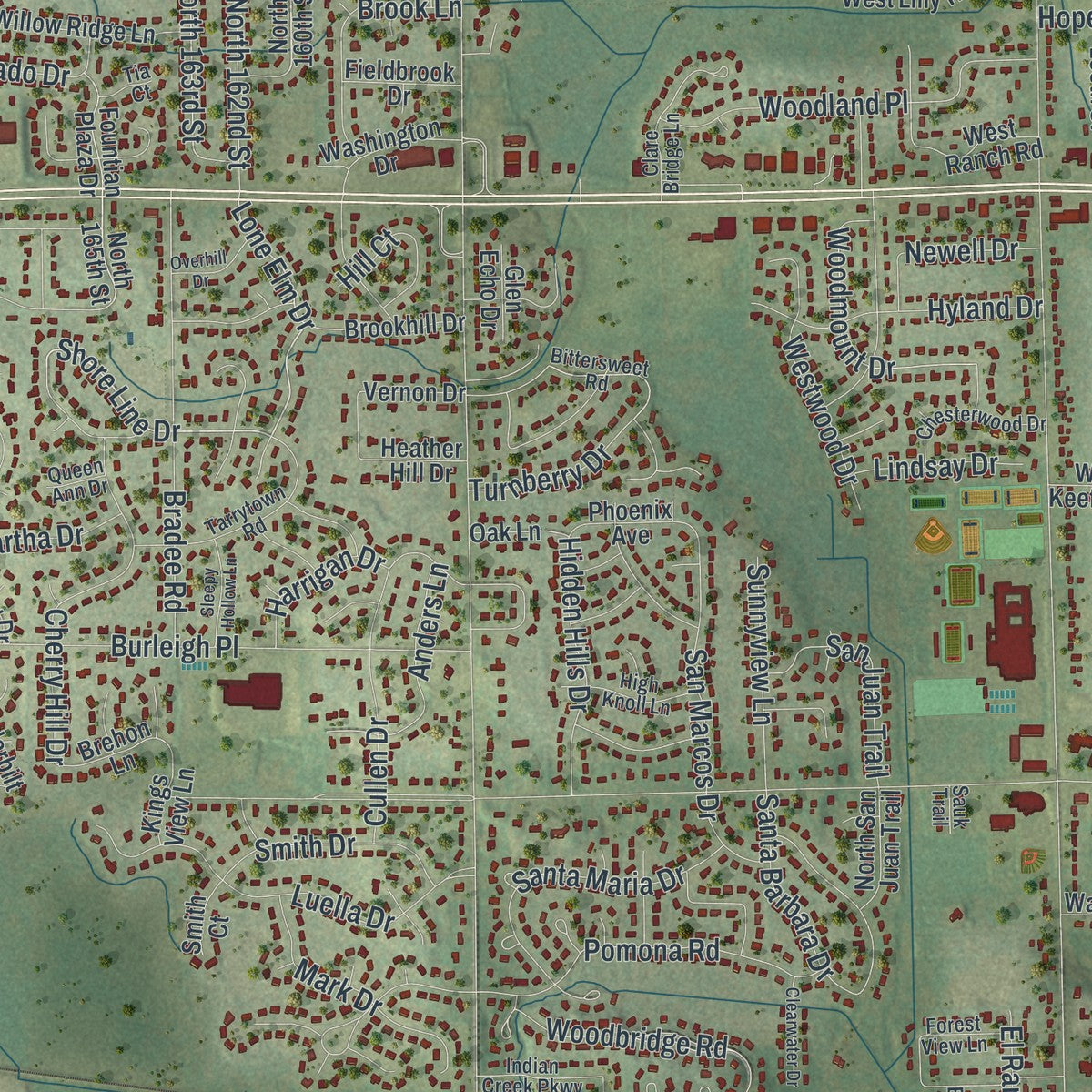 Second close-up of the map of Brookfield, Wisconsin print showing more streets and buildings