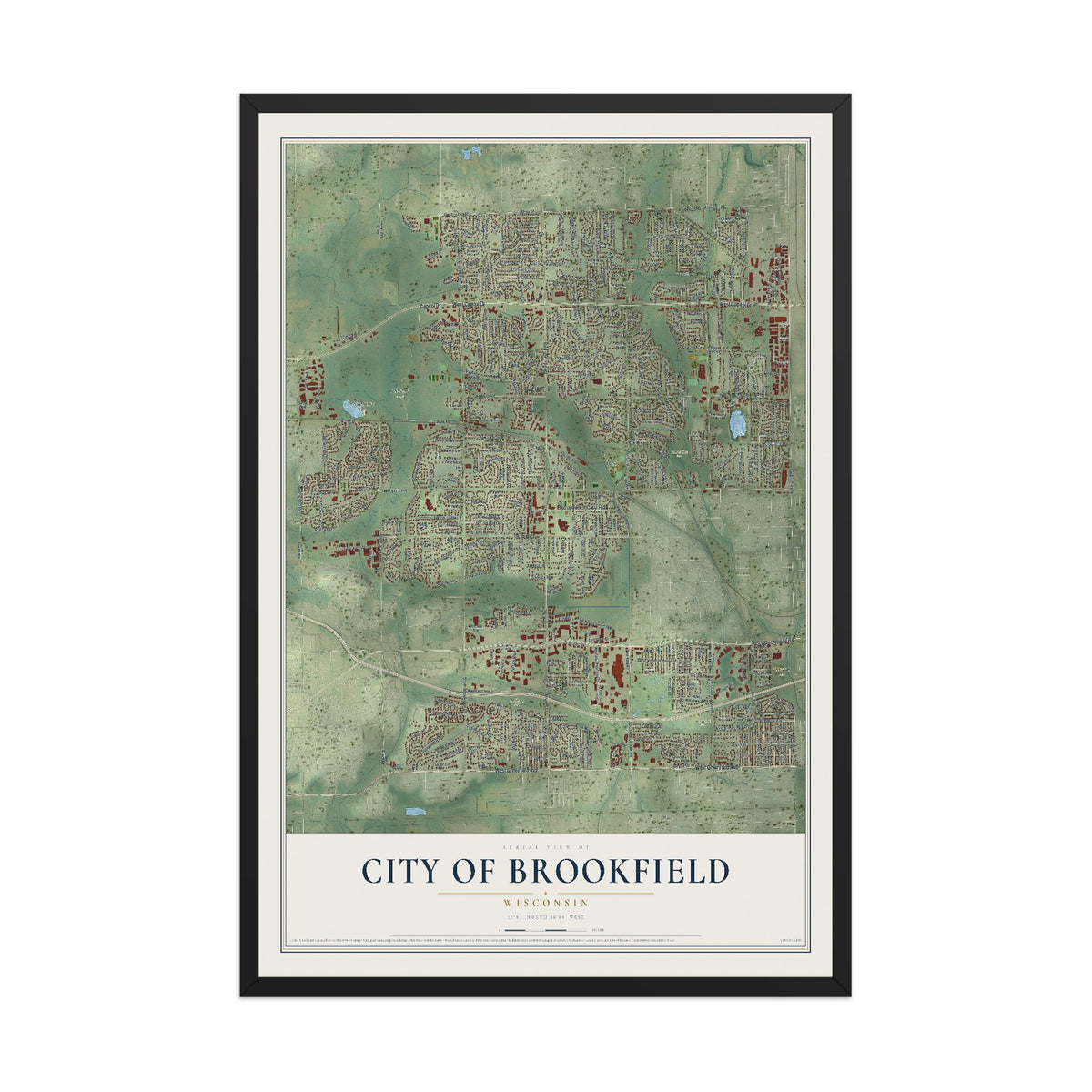 Map of Brookfield, Wisconsin, 12 x 18 inch print in a black wood frame