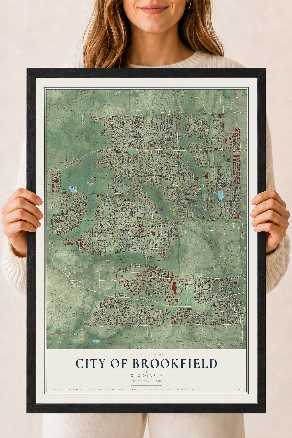 Map of Brookfield, Wisconsin, 18 x 24 inch print in a black wood frame