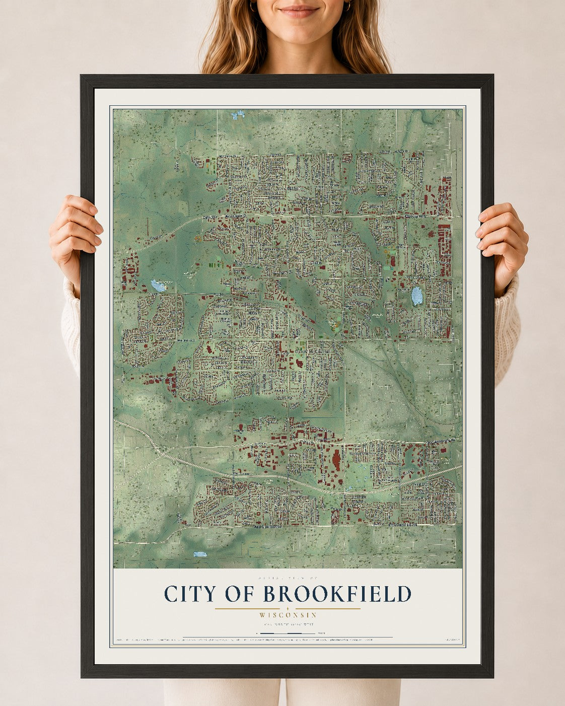 Map of Brookfield, Wisconsin, 24 x 36 inch print in a black wood frame