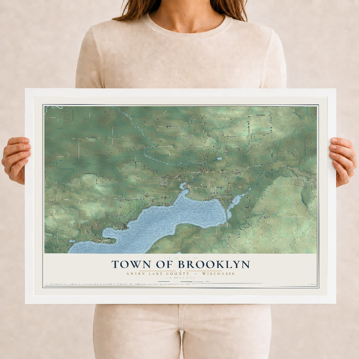 Map of the Town of Brooklyn, Green Lake County, Wisconsin, 12 x 18 inch print in a white wood frame
